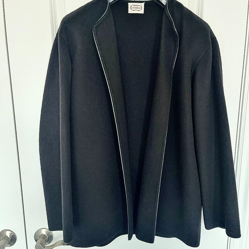 Agnona 100% Black Cashmere Leather Trim Double-Faced Jacket